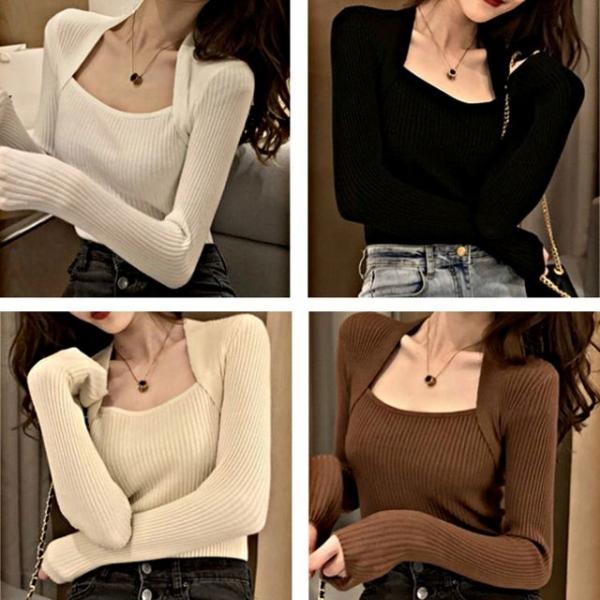 여성상의 슬림핏 스퀘어넥 긴팔 볼레로 니트 패션룩