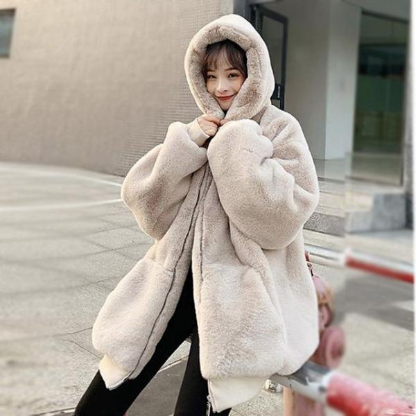 오버핏 페이크 핑크 퍼 예쁜 캐주얼 여성 후드 집업