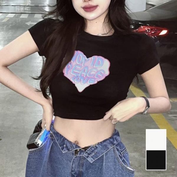 여성 하트 영문 프린팅 포인트 데일리 크롭 반팔티