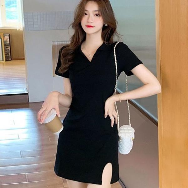여성 밑단 트임 브이넥 카라 짧은 미니 블랙 원피스
