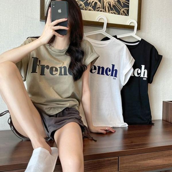프렌치 롤업 캐주얼 여자 반팔 티셔츠 라운드넥 티