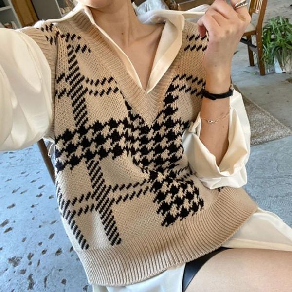 여성 격자 패턴 크롭 니트 조끼 DS-CC168