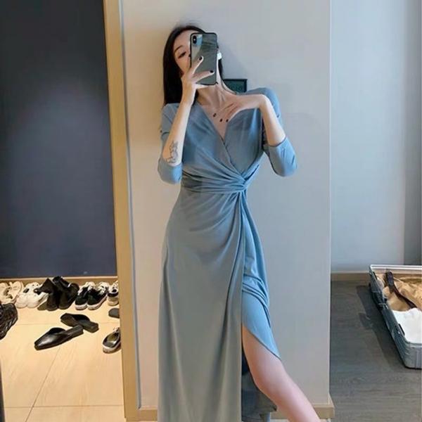 여성 소라 랩디자인 브이넥 라인 롱 원피스