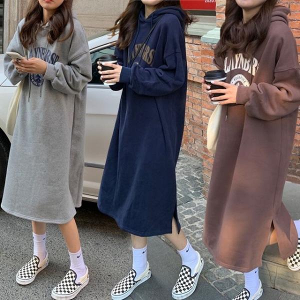 여성 가을 겨울 패션 기모 안감 캐주얼 후드 원피스