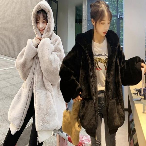 여성 부들 페이크퍼 밍크퍼 후드 집업 겨울 아우터