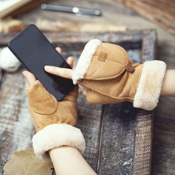 여성 스웨이드 반장갑 벙어리장갑 브라운