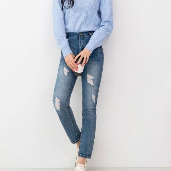 여자 하이웨스트 중청 스판 워싱 스키니 데님 청바지