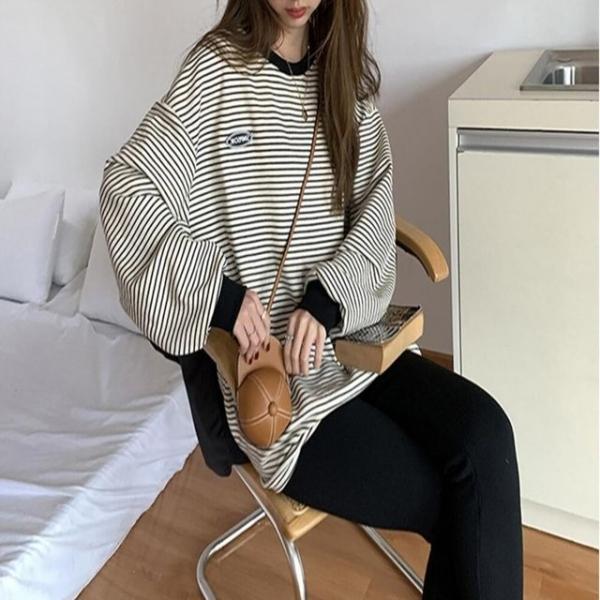 여성 긴팔 라운드 줄무늬 오버핏 스트라이프 롱슬리브