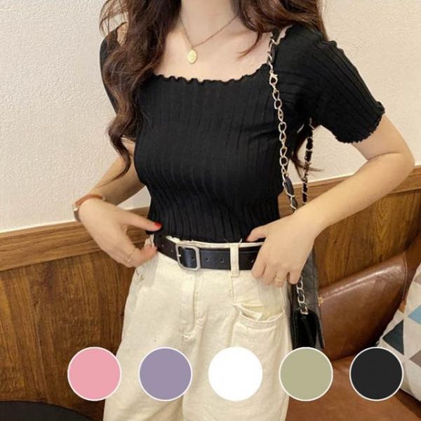 여자 데일리 스모크 밴딩 스타일 반팔 크롭탑 티셔츠