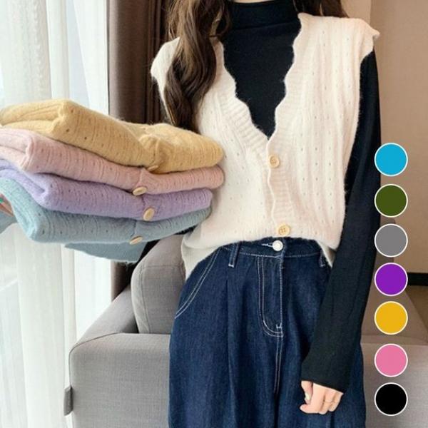 여성 러블리 무드 느낌 브이넥 셔링 여리핏 니트 조끼