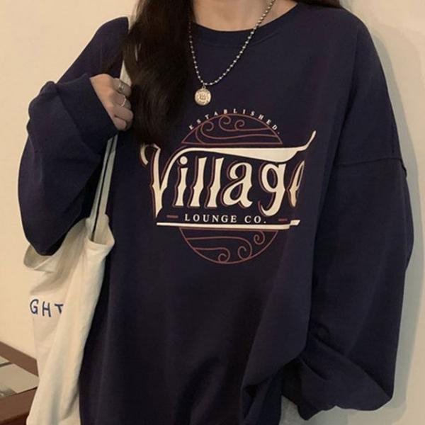 Village 루즈핏 여성 여자 학생 기모 맨투맨 캐주얼룩