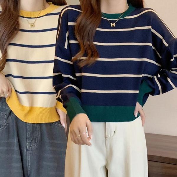 여성 캐주얼 패션 줄무늬 단가라 라운드 니트 티셔츠