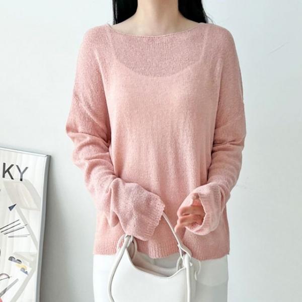 썸머 심플 데일리 웨어 여자 보트넥 긴팔 니트티