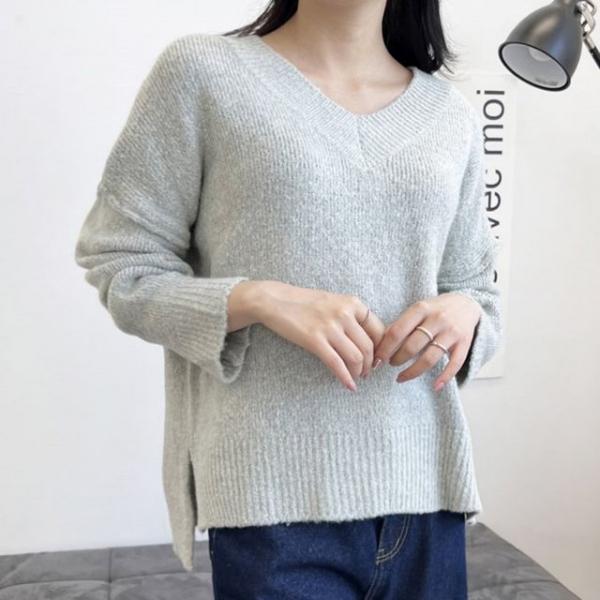 베이직 데일리 웨어 여자 브이넥 언발 긴팔 니트