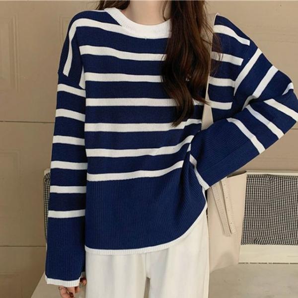 데일리 여성 캐주얼 단가라 무늬 패턴 니트