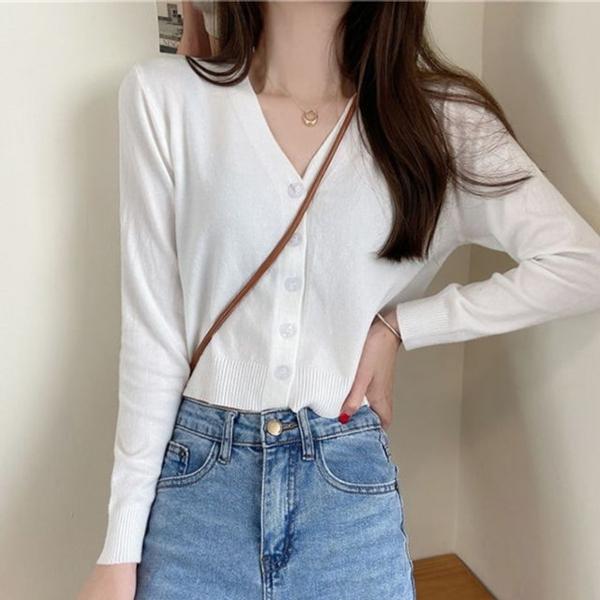 여성니트가디건 크롭 브이넥 버튼 가디건