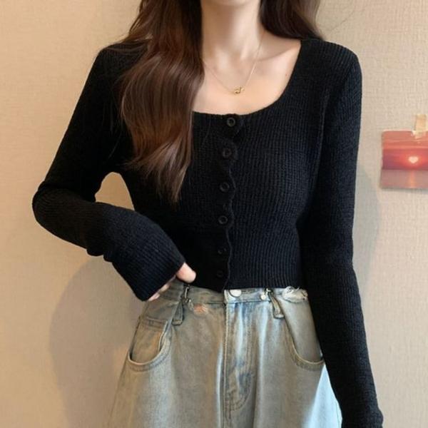 긴니트 여성가디건 크롭 스퀘어넥 가디건