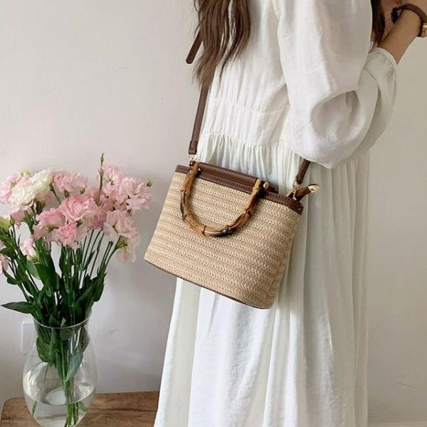 대나무 핸들 여자 미니 토트백 밀짚 크로스백 라탄백