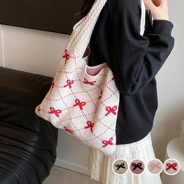 여성 예쁜 리본 배색 크로스오버 데일리 니트 숄더백