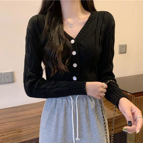 여성 2컬러 크롭 브이넥 꽈배기 간절기 가디건