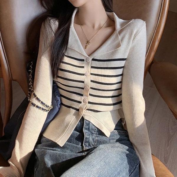 여성 카라 골지 니트 가디건 HH-E57