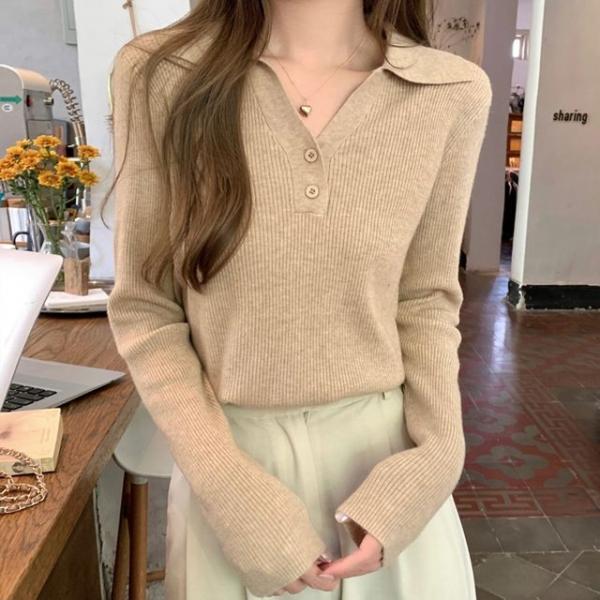 여성 카라 단추 브이넥 골지 니트 HH-E59