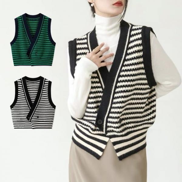 여성 줄무늬 니트 베스트 V넥 나시 조끼 루즈핏 단추