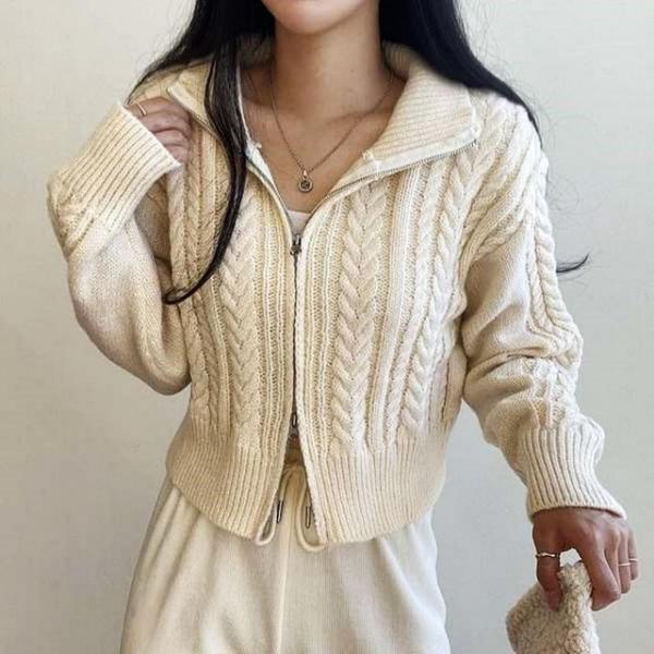 투웨이 여성 크롭 꽈배기 지퍼 니트 가디건