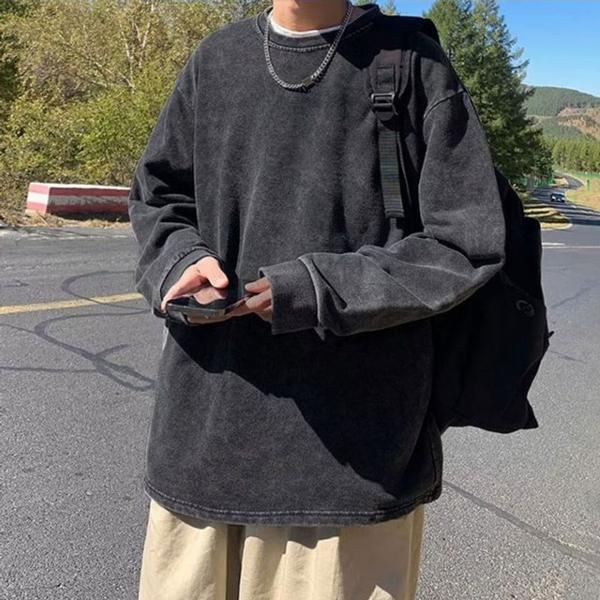 남성 데일리 블랙 라운드 루즈핏 빈티지 긴팔 티셔츠