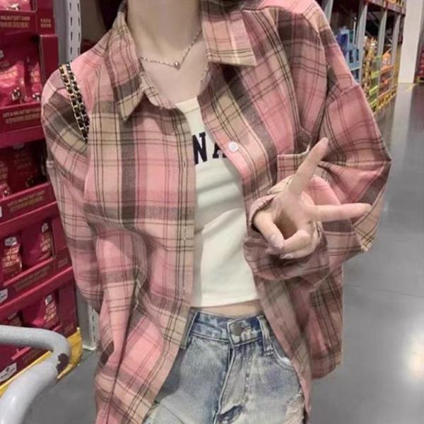 여성 핑크 체크 무늬 셔츠
