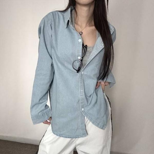 2컬러 여성 캐주얼 루즈핏 데님 카라 셔츠
