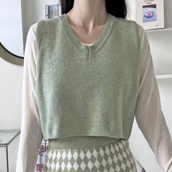 브이넥 여성 니트 조끼 크롭 여자 니트 베스트 3색