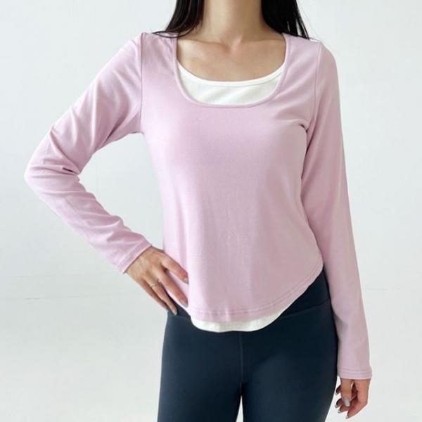 배색 여성 레이어드 티셔츠 스퀘어넥 긴팔 티셔츠