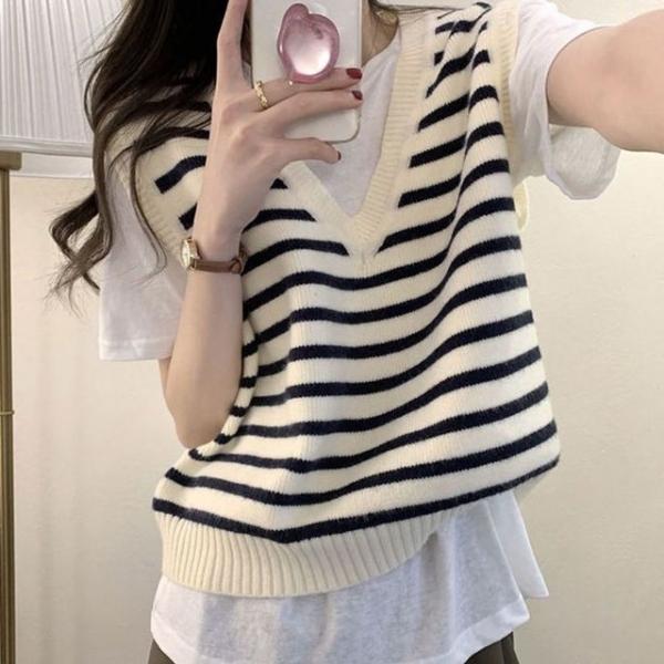 스트라이프 여성 니트 조끼 브이넥 여자 니트 베스트
