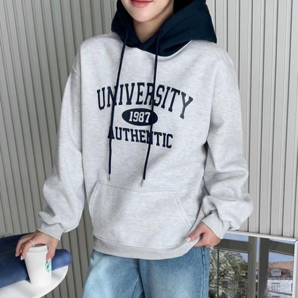 여성 영문 레터링 포인트 배색 후드 기모 안감 후드티