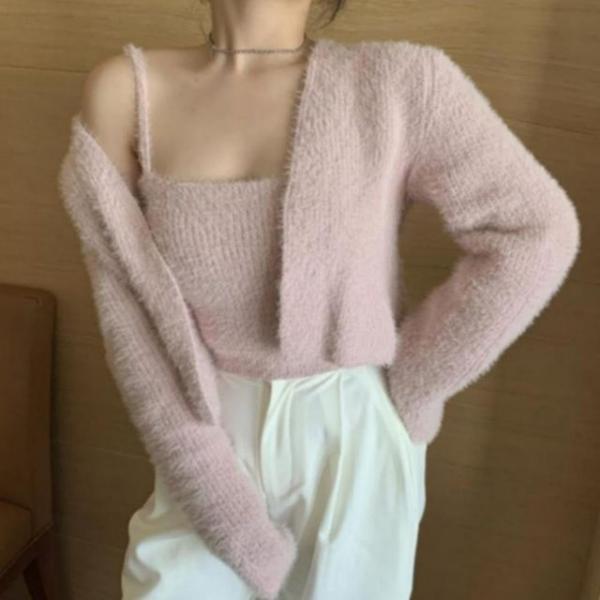 여성 겨울 앙고라 나시 크롭 숏 가디건 세트 데이트룩