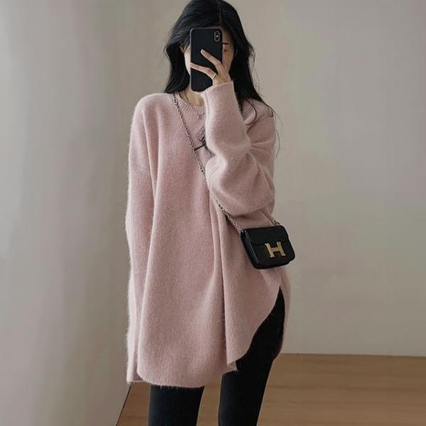 여성 겨울 라운드 울 니트티 오버핏 롱 니트 스웨터