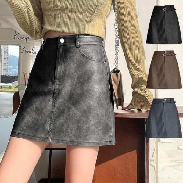 벨트 레더스커트 여성치마 가죽스커트 스타일 패션