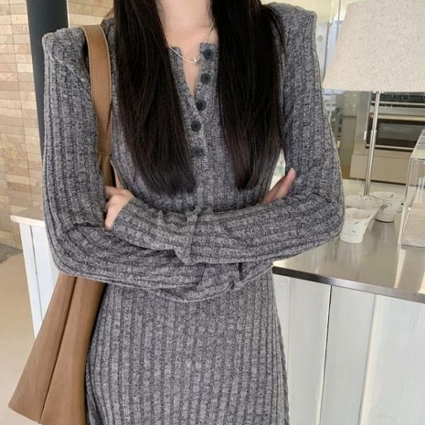 가을 겨울 꾸안꾸 긴팔 니트 골지 롱원피스 여리여리