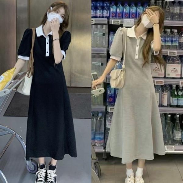 여성 청순 카라배색 반팔 롱 원피스