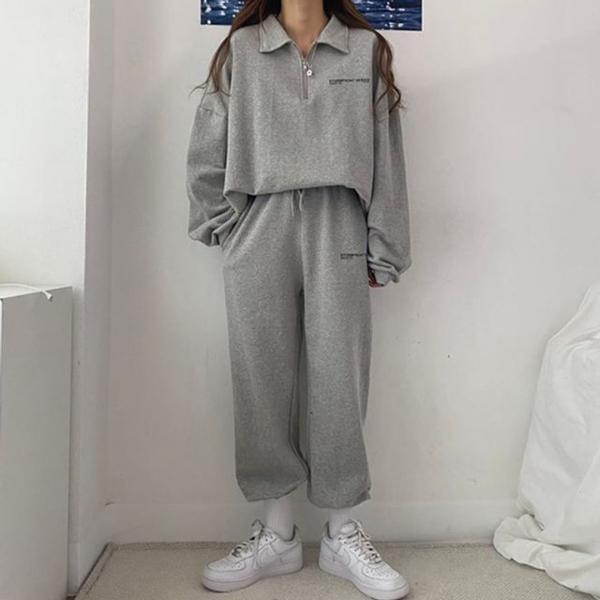 여성 심플 카라 반집업 세트