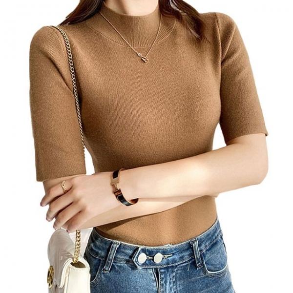 여성 슬림 반목 반팔티 신상 골지 니트티 5부 티셔츠