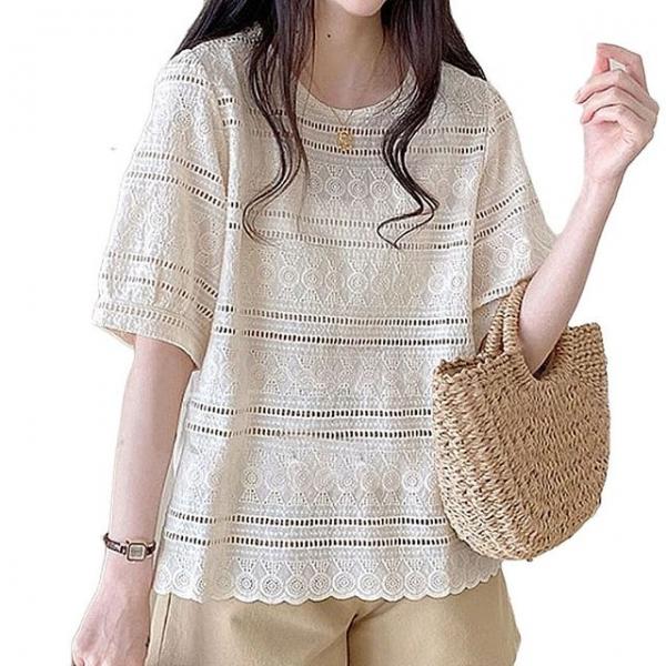 패션 여름 펀칭 블라우스 반팔티 여성 인기 티셔츠