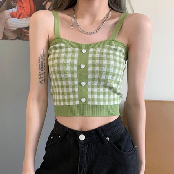 여성 하트 단추 체크 크롭 나시