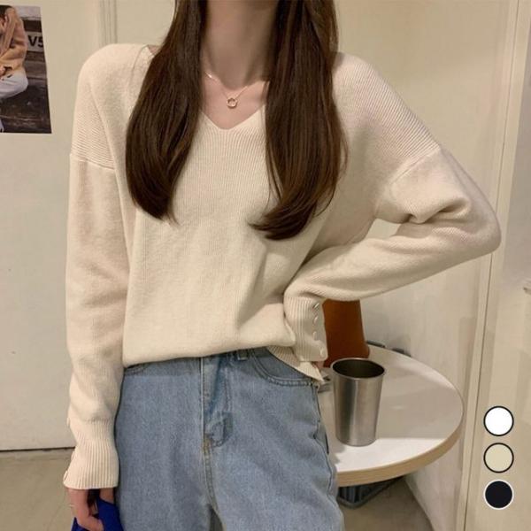 여성 브이넥 데일리 긴팔 니트 티셔츠 캐주얼룩