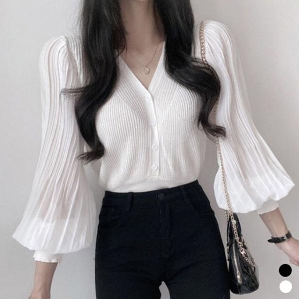 여성 유니크 브이넥 골지 퍼프셔링 가디건 블라우스