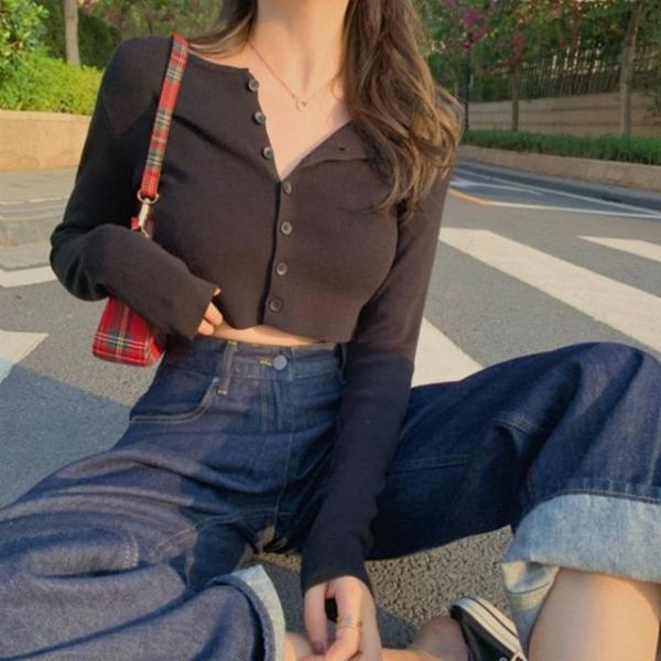 여성 버튼 귀여운 크롭 가디건