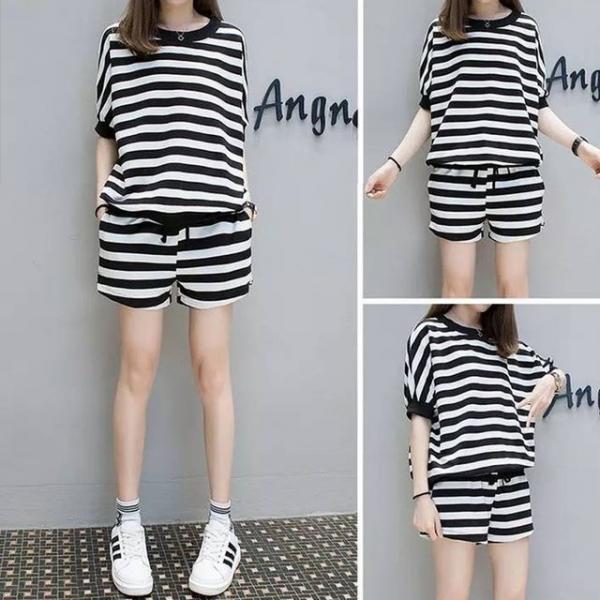 스트라이프 여성 라운드 반바지 세트