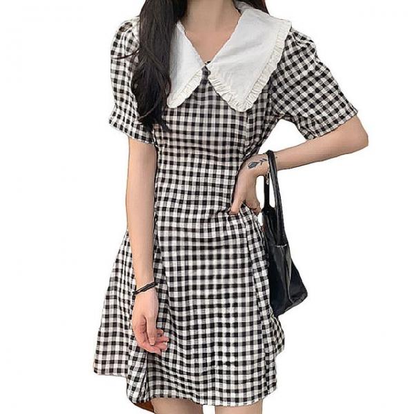 여성 체크 미니 원피스 여름 빅카라 페미닌 반팔 치마