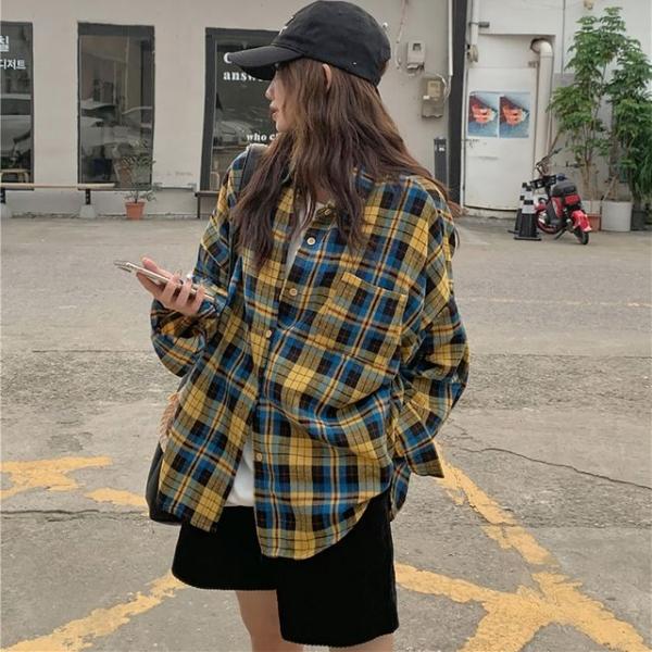 오버핏 여성 체크 카라 셔츠
